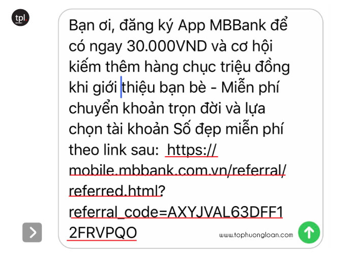 Tin nhắn chứa link giới thiệu của MB Bank