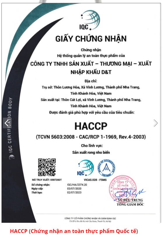 Chứng nhận an toàn thực phẩm của Sabudo