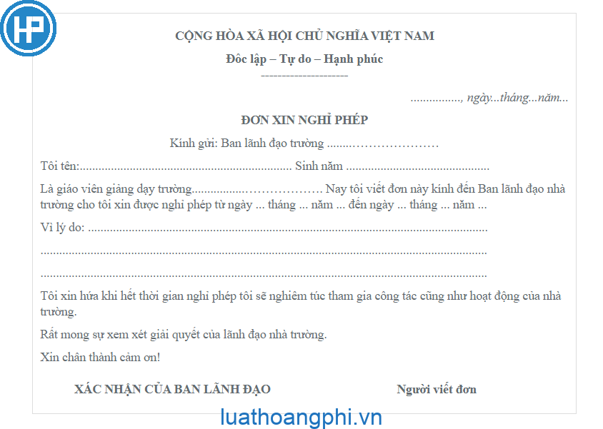 Mẫu đơn xin phép nghỉ ốm của giáo viên | ToPhuongLoan.Com